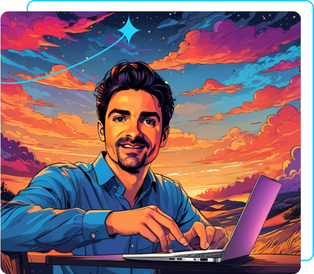 Javi en el laptop con fondo multicolor